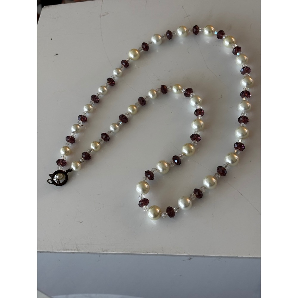 Y2K Vintage Beaded Necklace Womens Cream Purple Pearl Crystal Style Classic